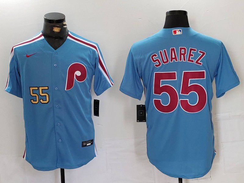 Men Philadelphia Phillies #55 Suarez Blue Throwback 2024 Nike MLB Jersey style 2->philadelphia phillies->MLB Jersey